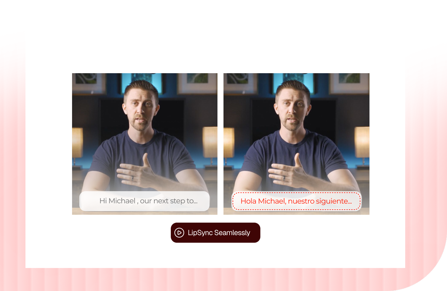 Side-by-side marketing video frames showing original and updated messaging using SyncMonster AI for video repurposing