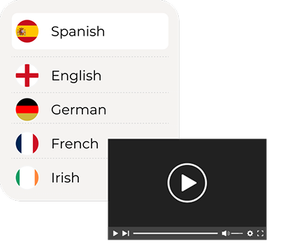List of available languages for video localization including Spanish, English, German, French, and Irish